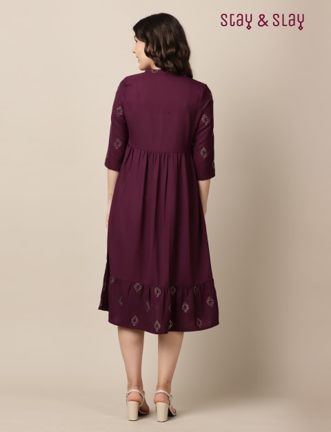 Moss Crepe Mukaish Foil Print Kurta / Indo-Western Dress for Women Purple