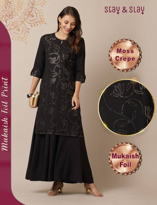 Moss Crepe Mukaish Foil Print Straight Kurti for Women Black
