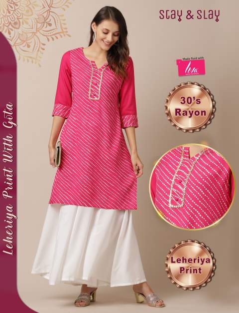 Rayon Bandhani Straight Kurti for Women Pink