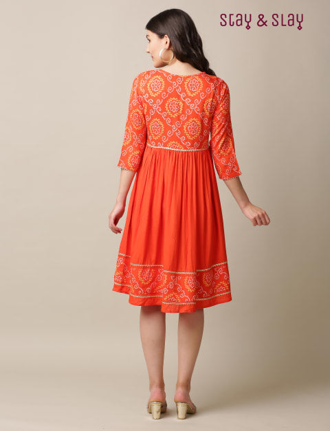 Rayon Printed A-line Skater Fit & Flare Dress for Women Orange