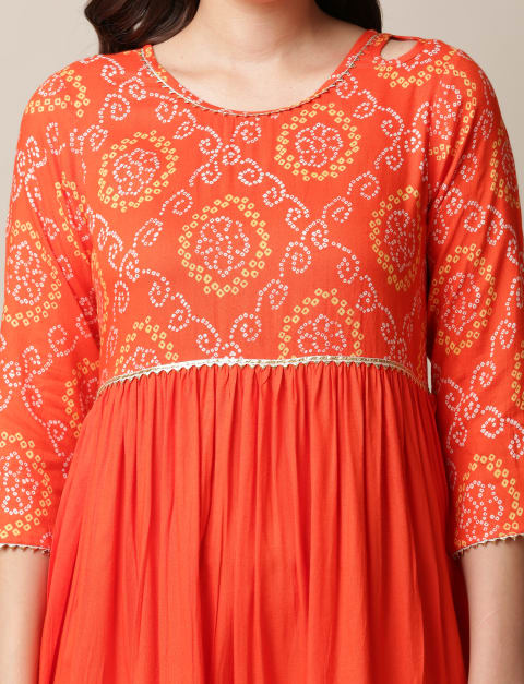 Rayon Printed A-line Skater Fit & Flare Dress for Women Orange