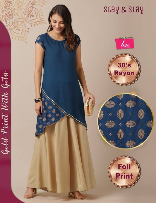 Rayon Foil Print Asymmetric Kurti for Women Teal