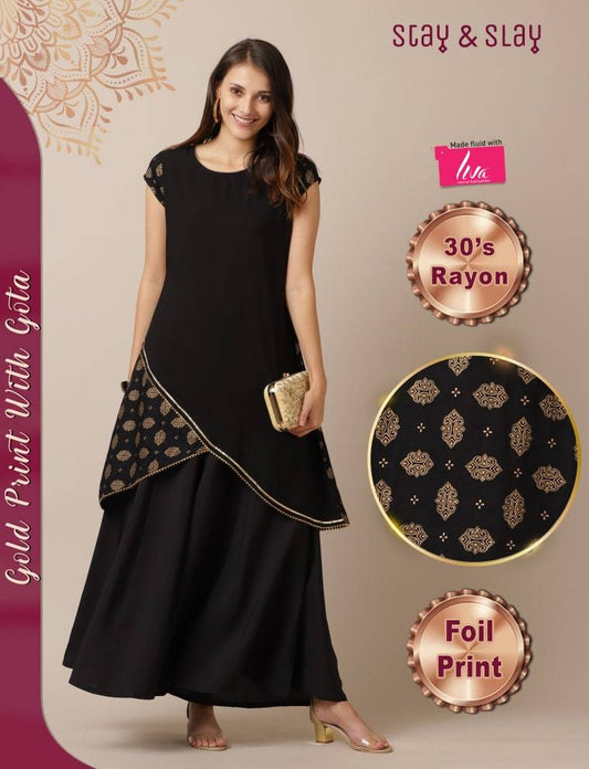 Rayon Foil Print Asymmetric Kurti for Women Black