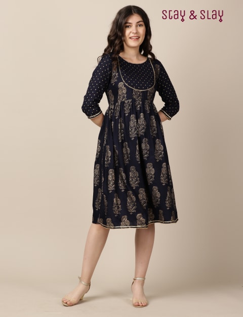 Rayon Gold Foil Print A-line Skater Fit & Flare Dress for Women Navy Blue