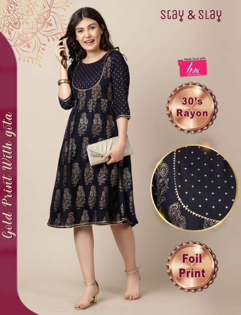 Rayon Gold Foil Print A-line Skater Fit & Flare Dress for Women Navy Blue
