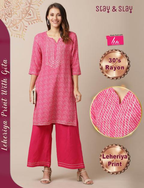 Rayon Lehariya Print Straight Kurti for Women Fuchsia