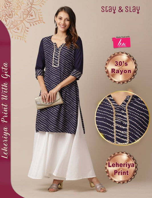 Rayon Leheriya Print Straight Kurti for Women Navy Blue