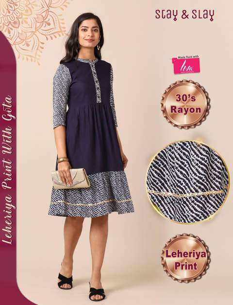 Rayon Printed A-line Skater Fit & Flare Dress for Women Navy