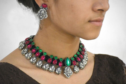 Stone Threaded Temple Jewellery Set-STTJS009