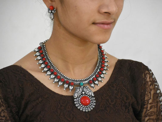 Stone Worked Temple Jewellery Set-SWTJS015