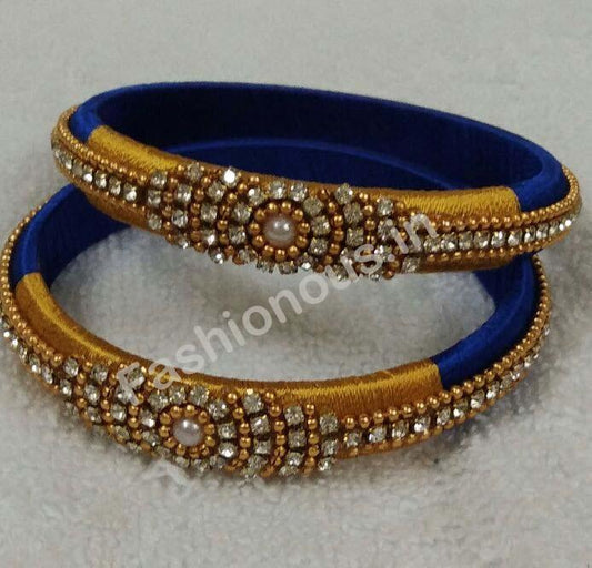 Stone and Bead Worked Blue and Golden Silk Thread Bangle Pair -STJSW-028