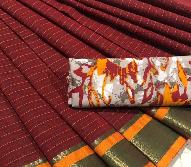 Striped Maroon Cotton Saree
