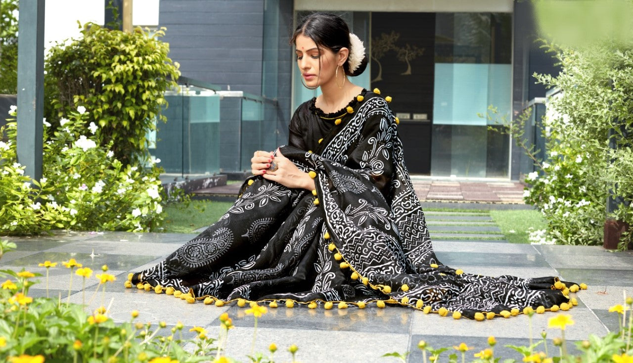Stylish Black Cotton Saree with Yellow Pom Pom Border