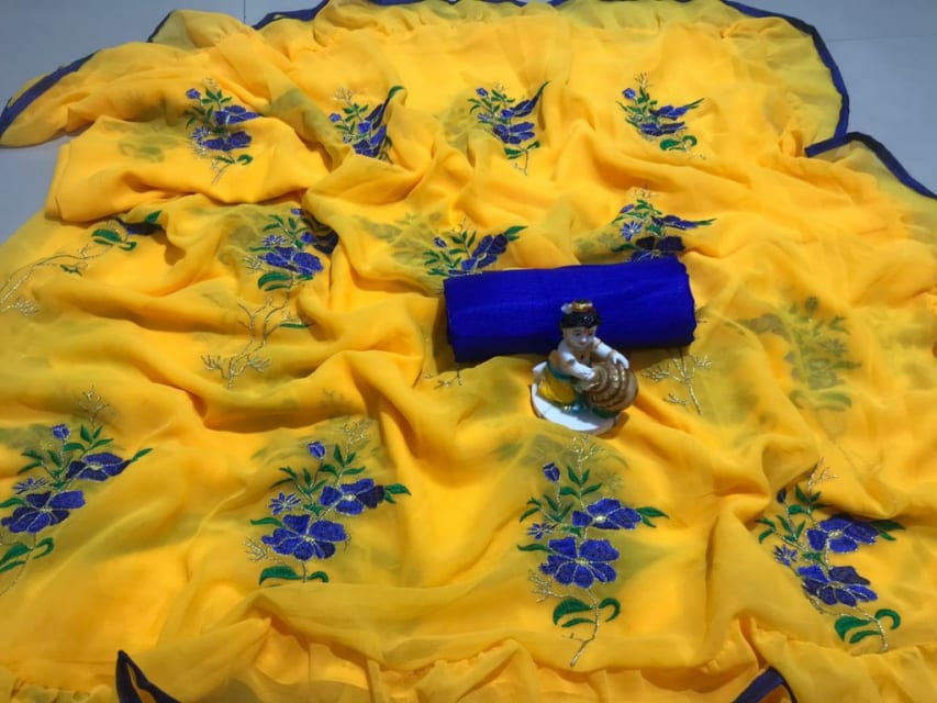 Sunshine Yellow Ruffle Saree with Royal Blue Floral Embroidery - RS001