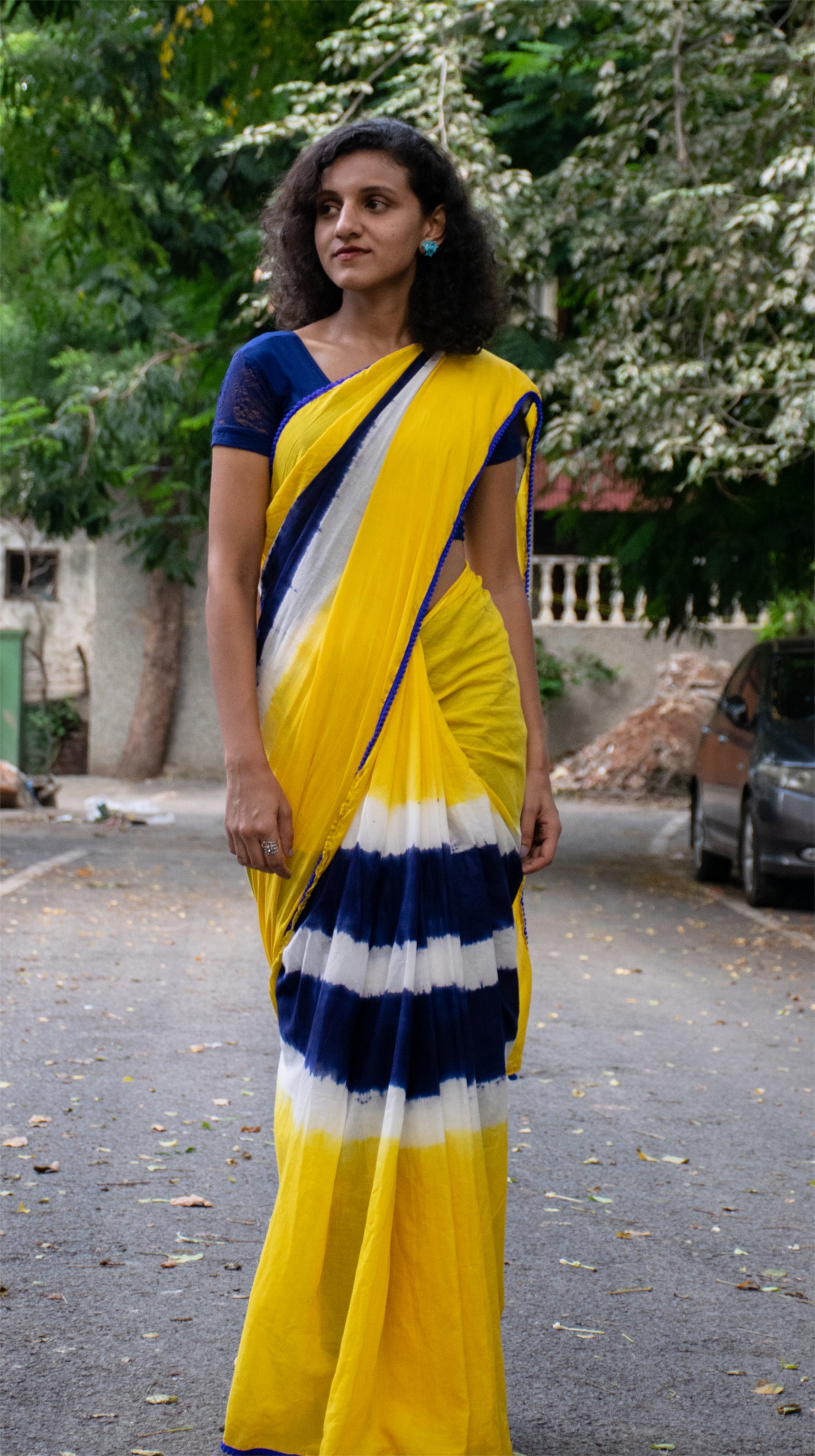 Golden Glow & Blue Elegance: Regal Jaipuri Cotton Saree - TCS021