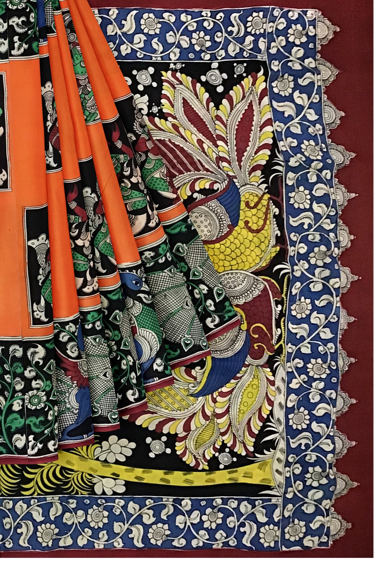 Multicoloured Oriental  Bird Hand-Painted Chennur Silk Kalamkari Saree