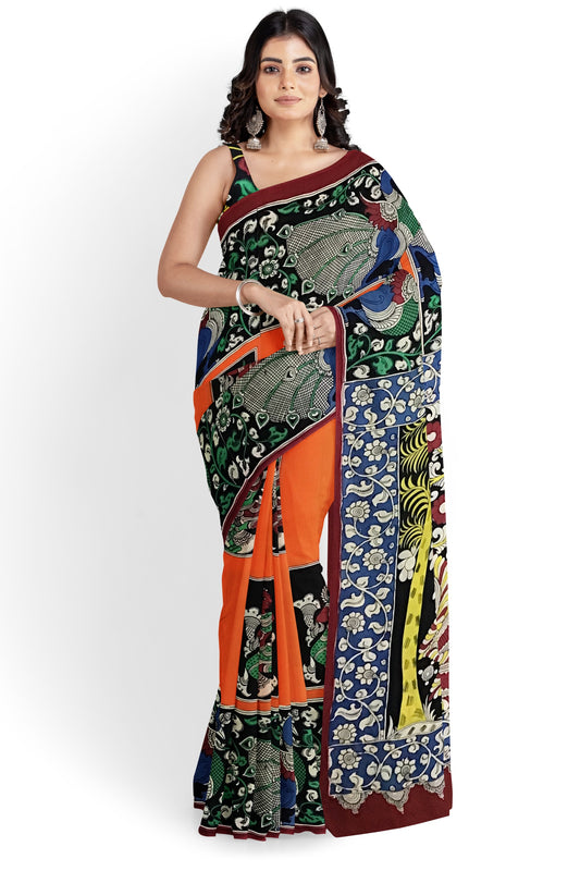 Multicoloured Oriental  Bird Hand-Painted Chennur Silk Kalamkari Saree