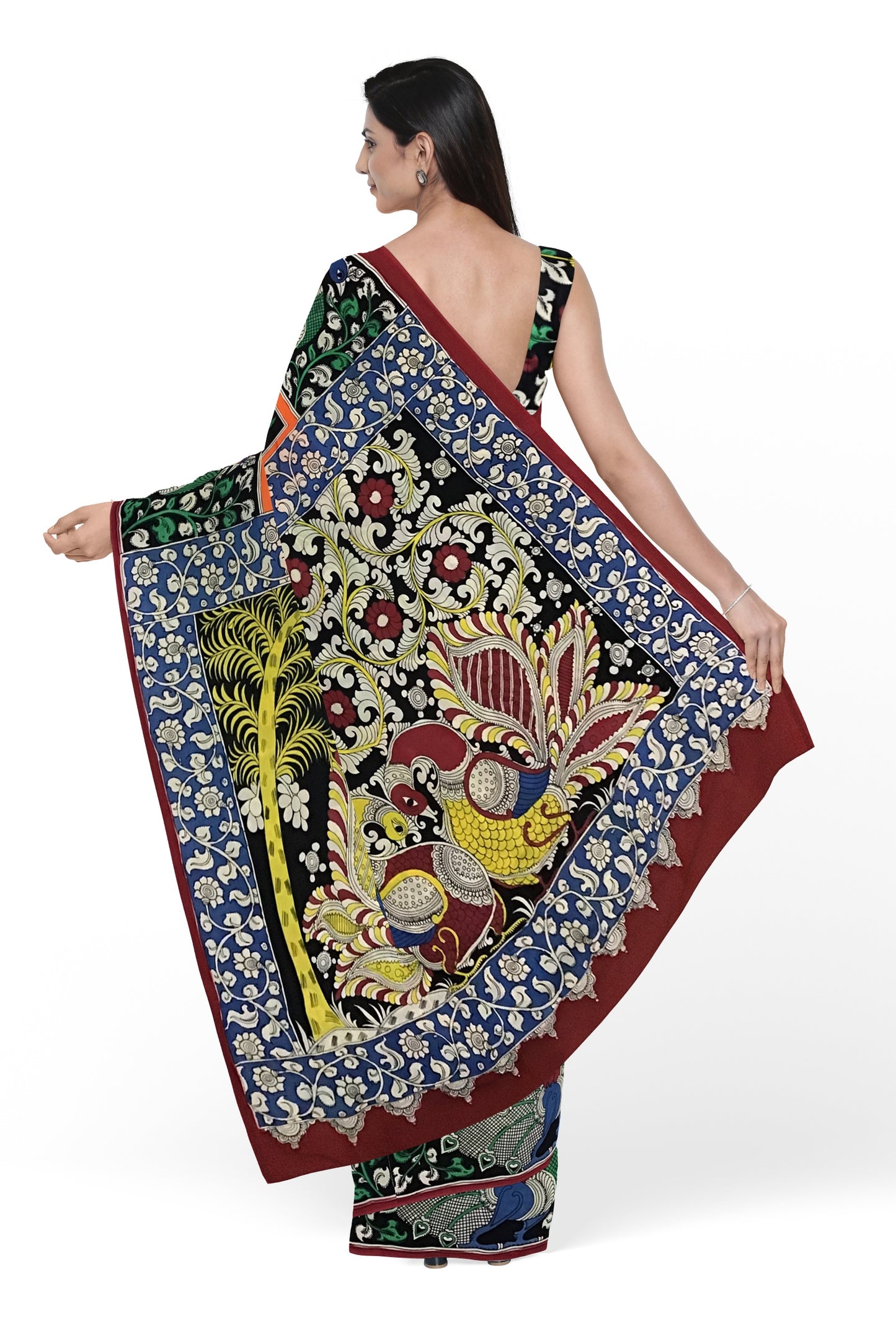 Multicoloured Oriental  Bird Hand-Painted Chennur Silk Kalamkari Saree