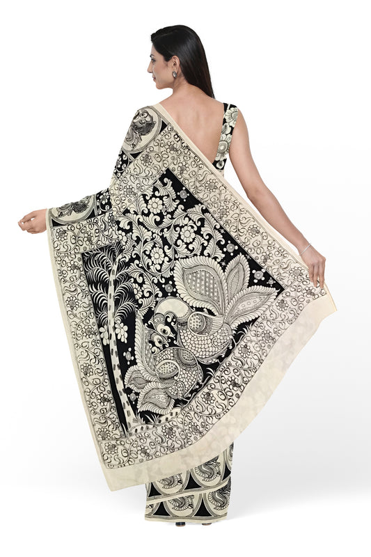 Monochrome Oriental Dual Peacock Hand-Painted Chennur Silk Kalamkari Saree