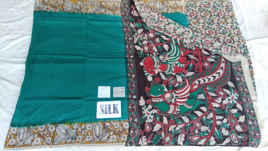 Teal  Green with Patil Pallu Silk Kalamkari Saree-KALAMKARI-0020