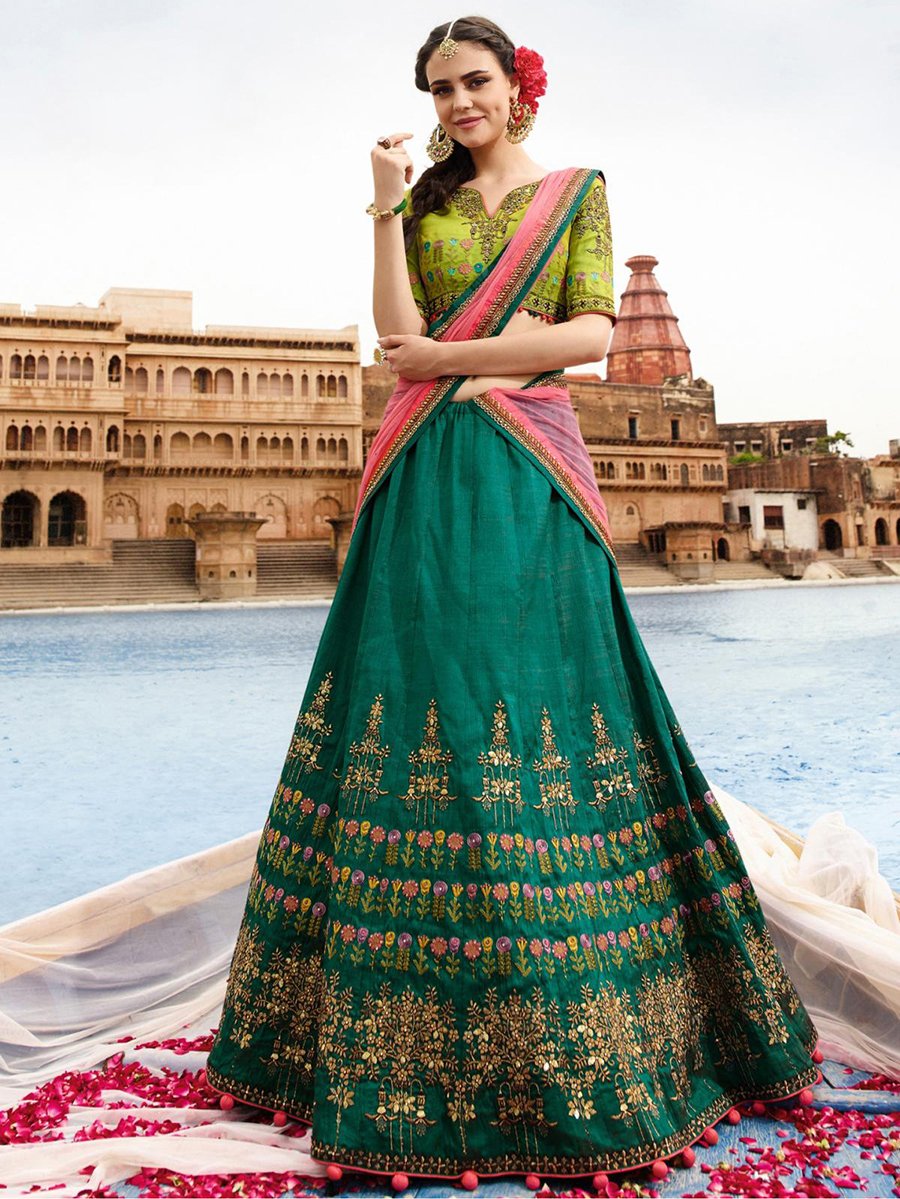 Teal Green with Pink Floral Embroidery Banglori Silk Lehenga-LKELG-008