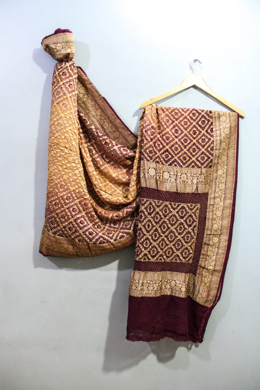 Traditional Golden Maroon Bandhini Saree