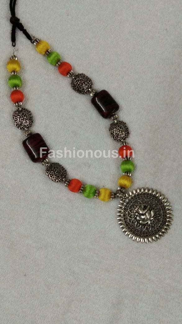 Tricolor Silk Thread Beads with Silver Ganesh Oxidised Pendant-OXDJSW-026