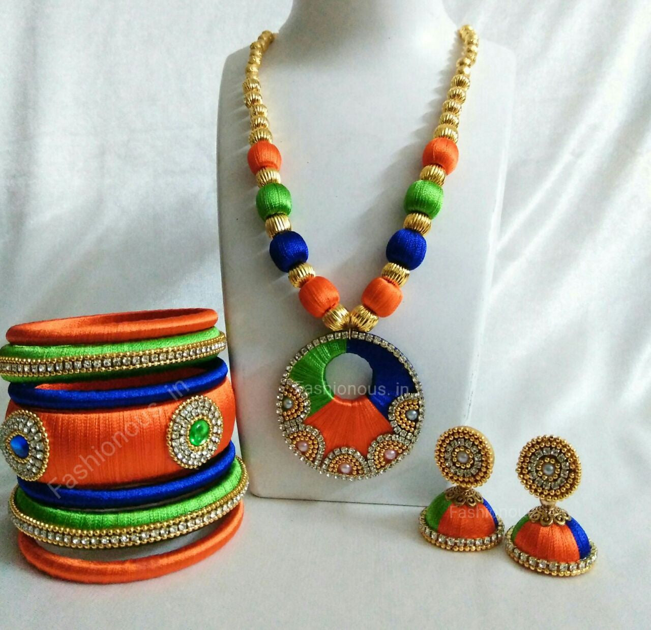 Tricolour Circle Silk Thread Jewellery Set
