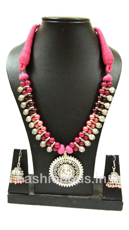 Triple Colour Crystal Beads With Silver Ganesh Pendant And Earrings-OXDJSW-015