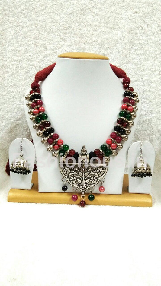 Triple Colour Crystal Beads With Silver Oxidized Pendant And Earrings-OXDJSW-021