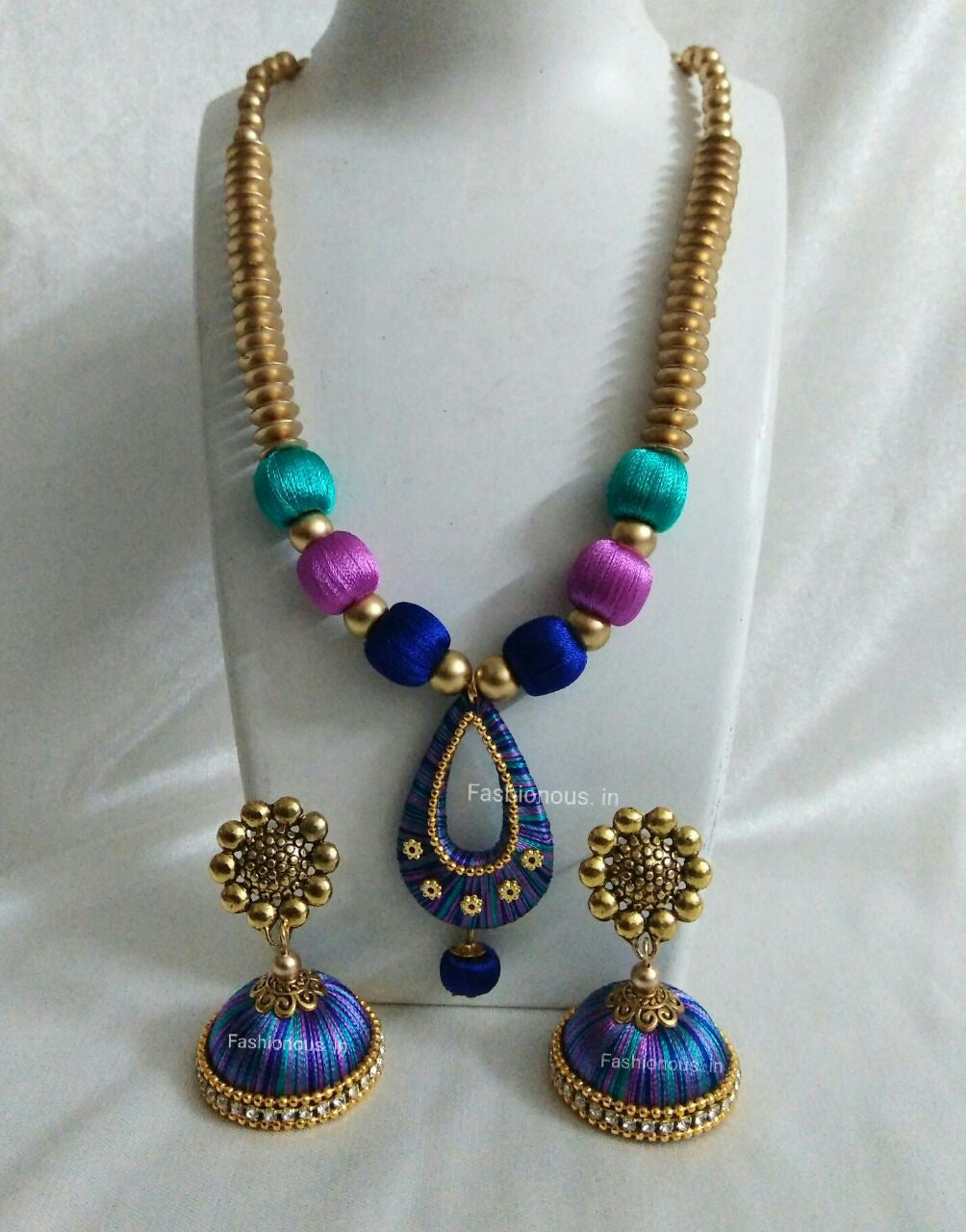 Triple Colour Silk Thread Necklace and Earrings