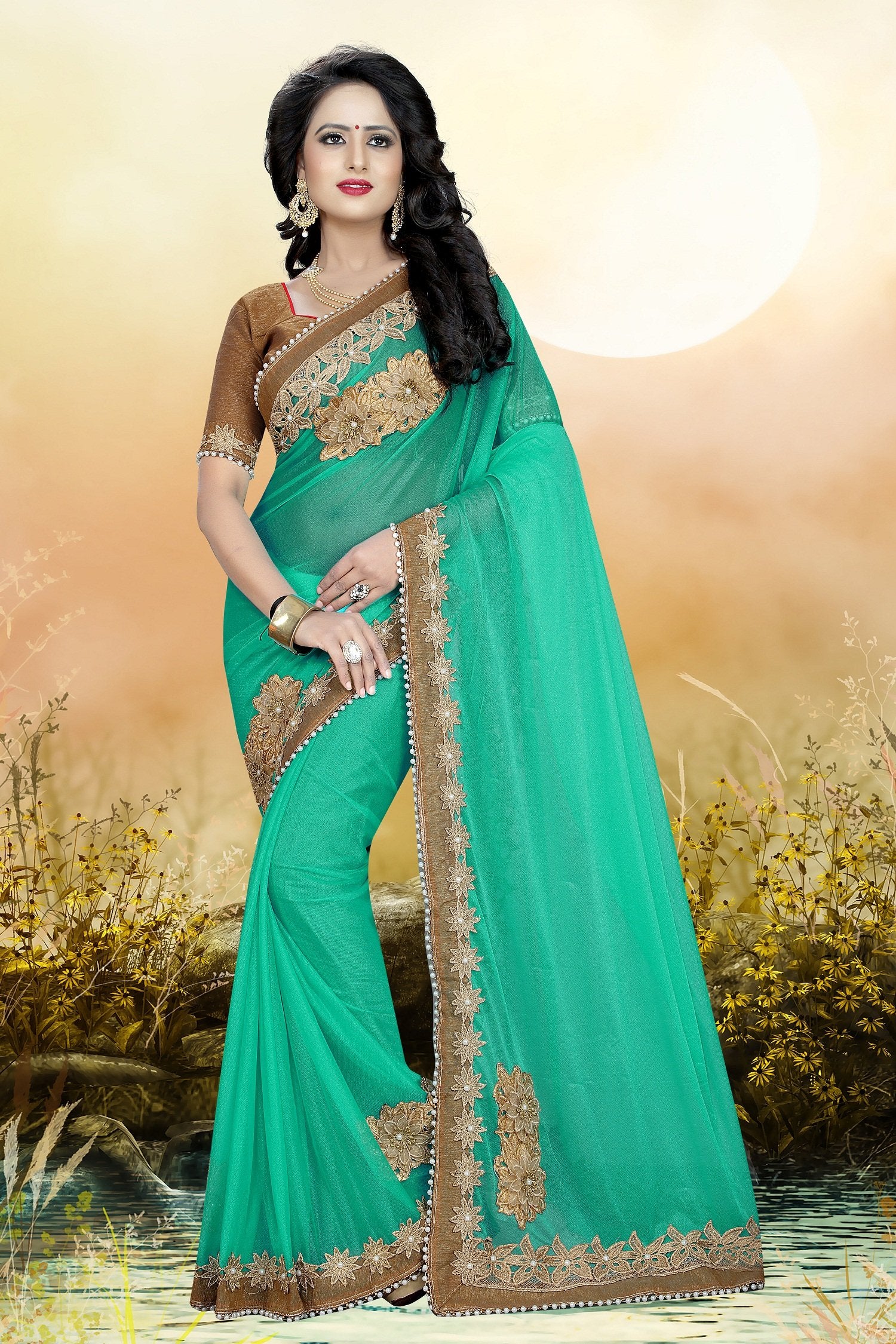 Turquoise Green colour Embroidery Patch Work Saree-SRP-GS-06