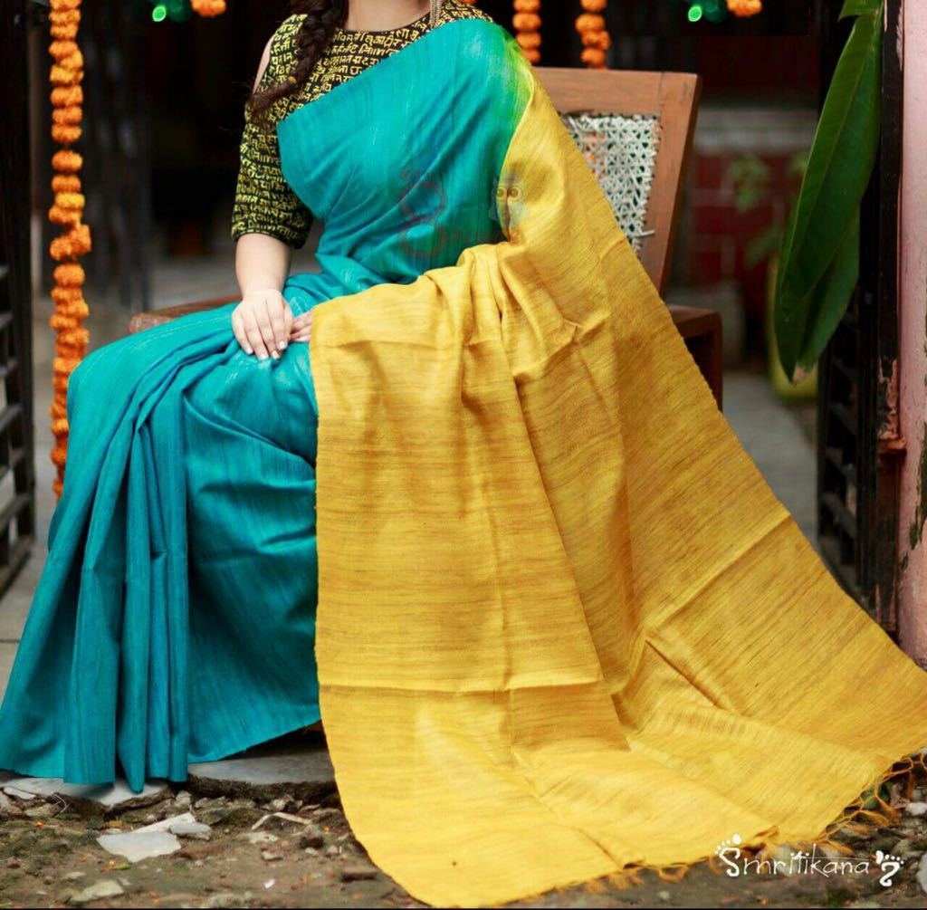 Turquoise Green with Yellow Pallu Linen Saree-LNSRE-018
