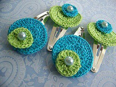 Turquoise and Green Color with White Beads Crochet Hair Clips