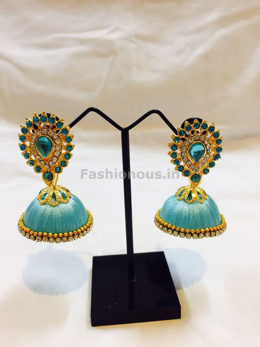 Turquoise blue Stone Studded Droplet Silk Thread Jhumkas-STJH-019