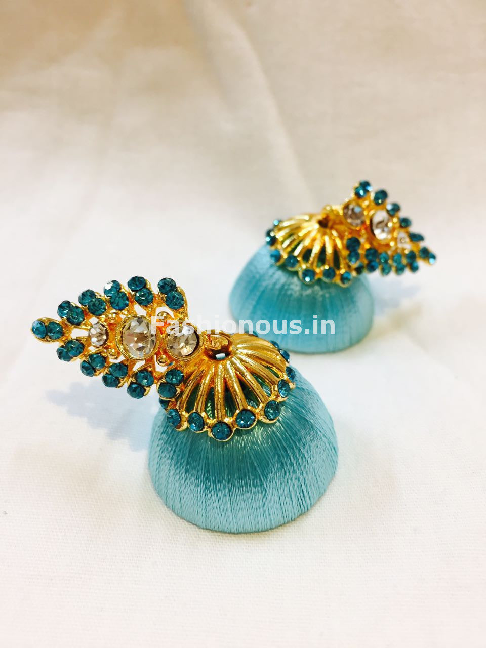 Turquoise blue Stone Studded Leaf Silk Thread Jhumkas-STJH-034