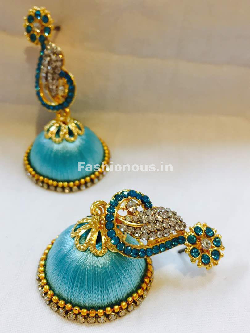 Turquoise blue and White Stone Studded Peacock Neck Floral Silk Thread Jhumkas-STJH-044