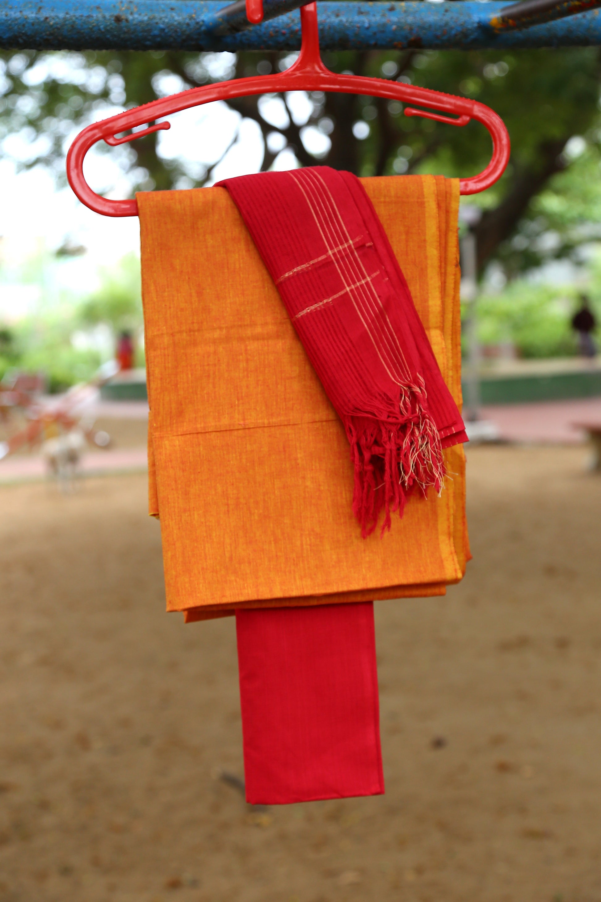 Honey-red combo Unstitched Handloom Cotton Dress Material-HCDM001 Orange & red coloured lightweight