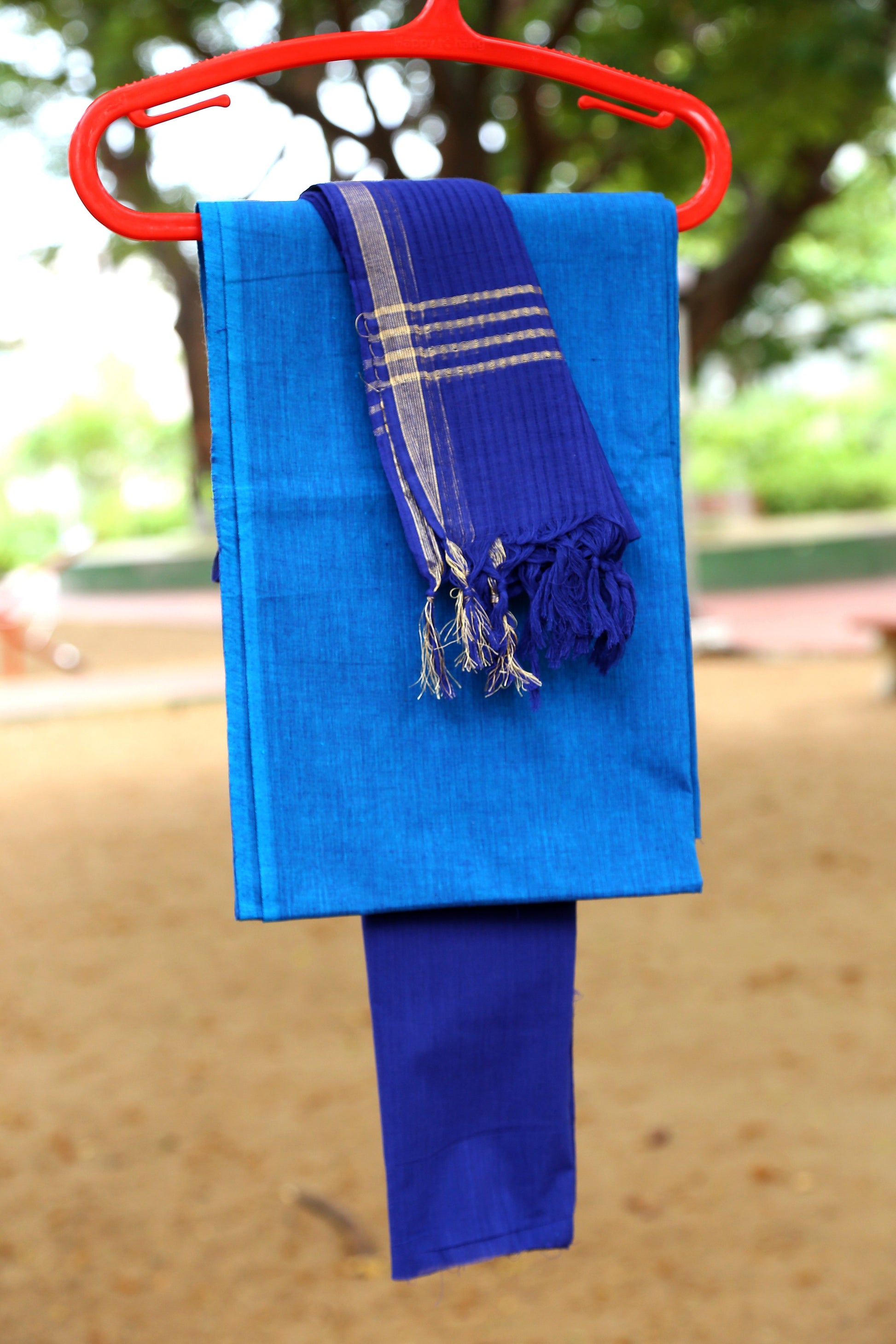 Blue Duet Unstitched Handloom Cotton Dress Material-HCDM003 Double shaded blue coloured dailywear 