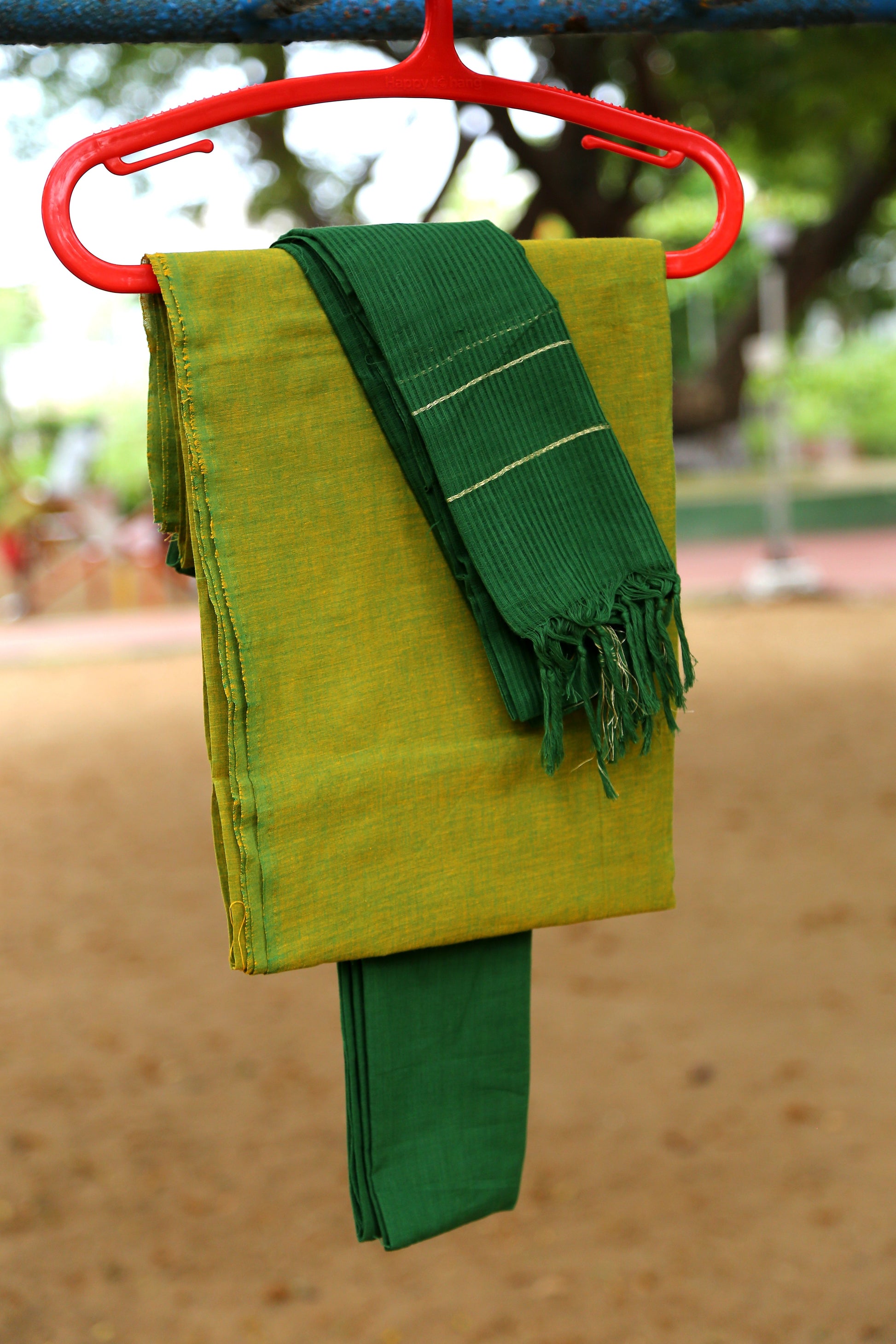 Golden Green Unstitched Handloom Cotton Dress Material-HCDM004 Double green traditional salwar suit