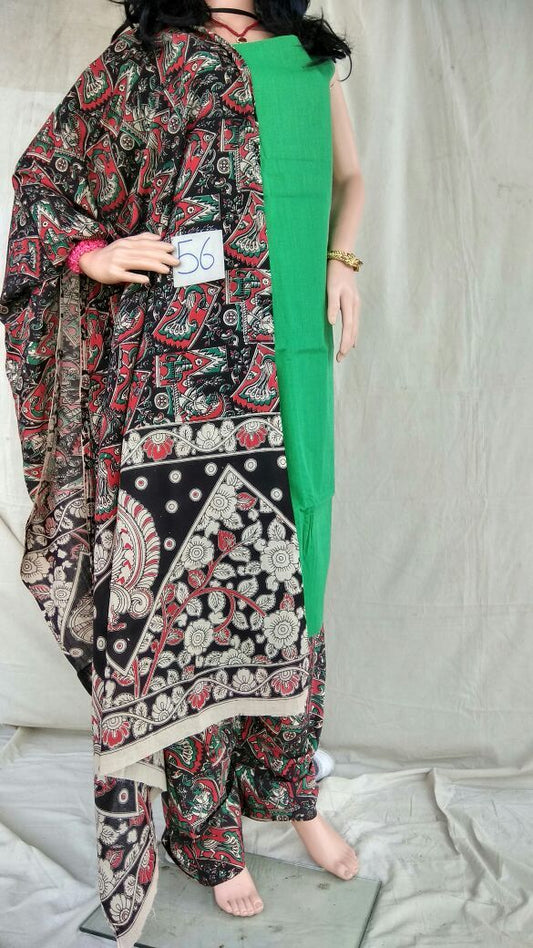 Shamrock Green and Black Unstitched Kalamkari Dress Material-001 green and black coloured dailywear
