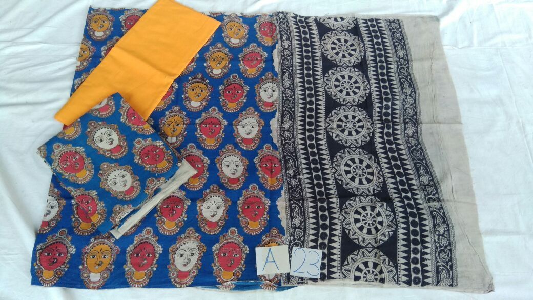 Spotted Blue-Red Melody Unstitched Kalamkari Dress Material-006 blue coloured dailywear lightweight