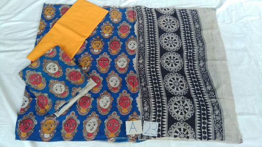 Spotted Blue-Red Melody Unstitched Kalamkari Dress Material-006 blue coloured dailywear lightweight
