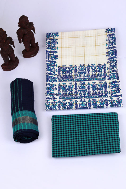 Pearl Perfect Unstitched Madhubani Cotton Dress Material-MCDM001 White turquoise colour dailywear