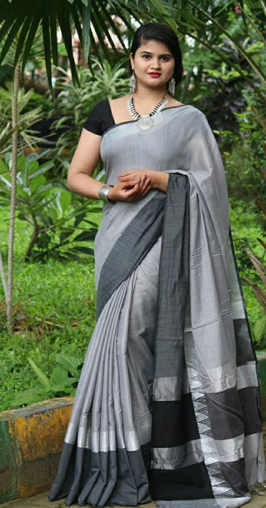 Vivid Grey Linen Saree (Blend)-LN403
