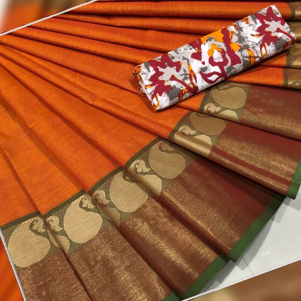 Orange Cotton Saree with Mango Motif