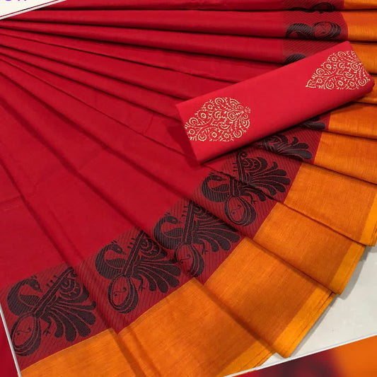 Red with Orange Border Cotton Saree with Peacock Motif