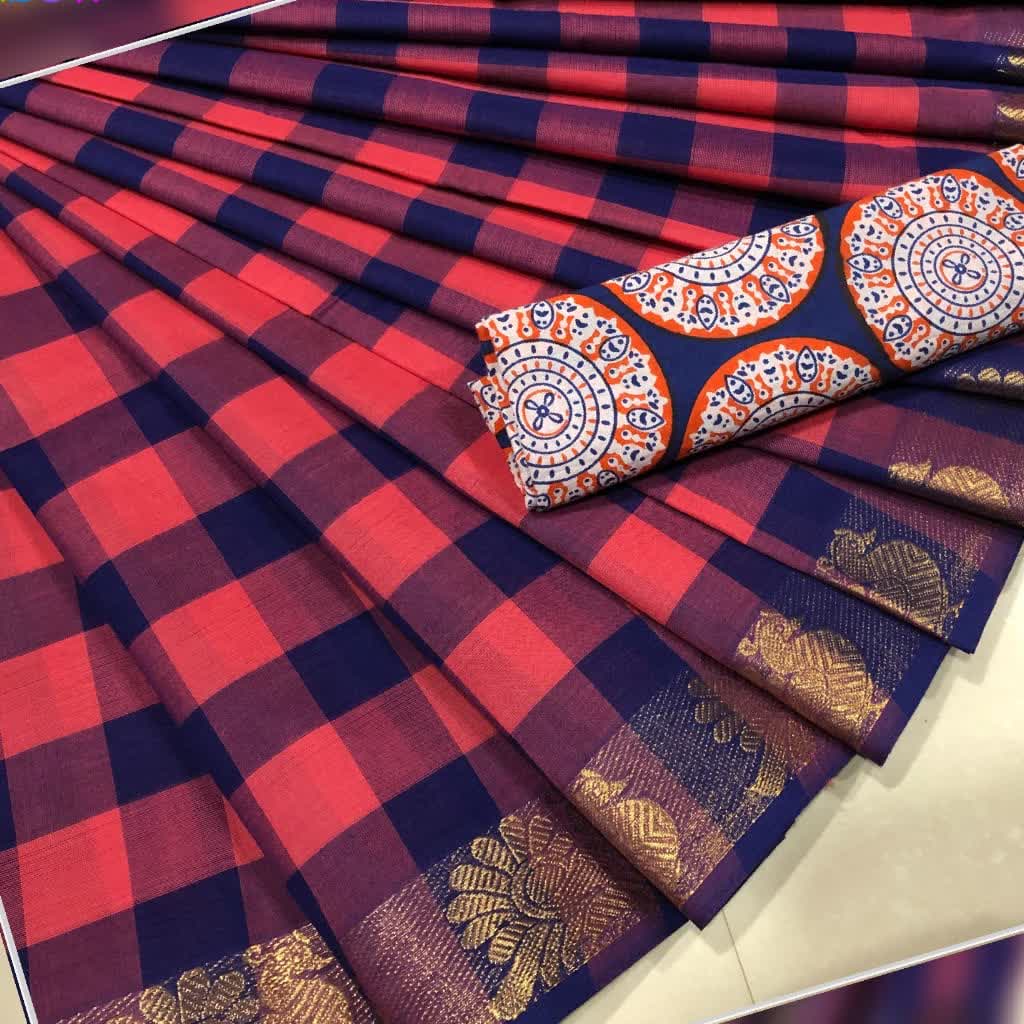 Pink and Navyblue Checked Cotton Saree with Blouse