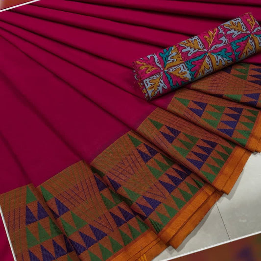 Dark Pinkish Cotton Saree with Blouse