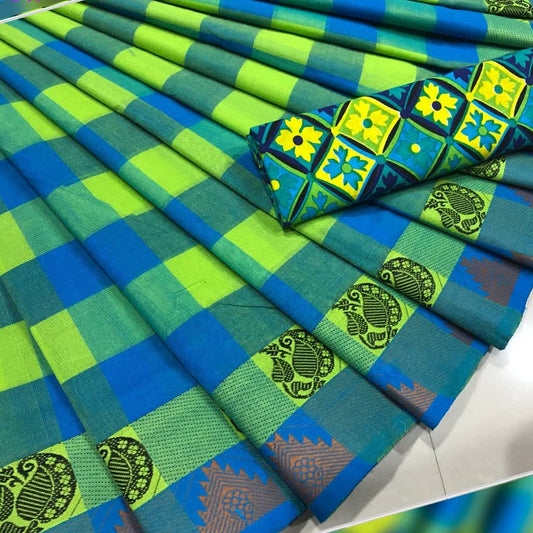 Blue and Green Checked Cotton Saree with Blouse
